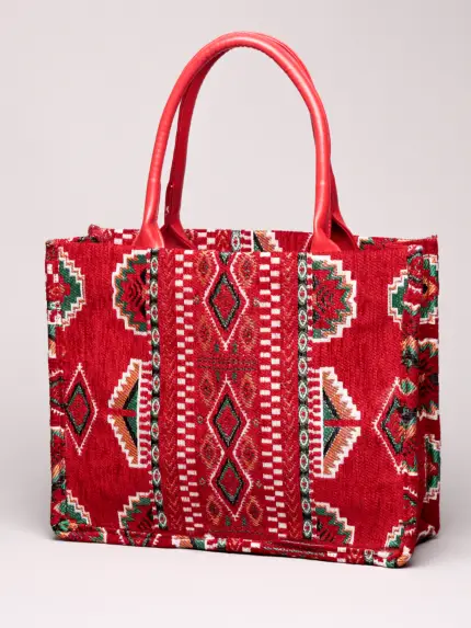 Berber pattern handbag with intricate colorful shapes ,featuring sturdy top handles and a black suede interior